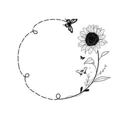 a drawing of a sunflower with butterflies on it and a dotted line in the middle