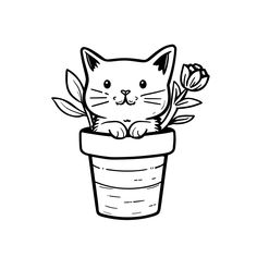 Easy Cat in Flower Pot (free printable PDF black-and-white line drawing idea suitable for all, from beginners to advanced learners, including children, teens, adults, and seniors)