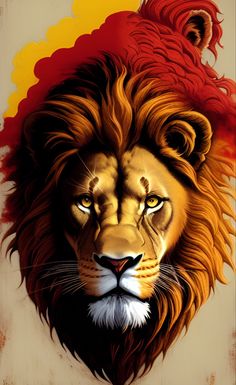 a painting of a lion's head with yellow and red colors