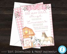 a pink gingham barn birthday party with farm animals and flowers on the front