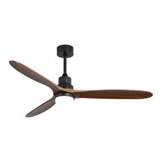 a black ceiling fan with wooden blades