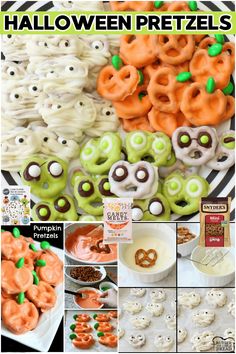 halloween pretzels and pumpkin marshmallows are featured in this collage