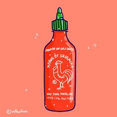 an illustration of a red bottle with a chicken on it's lid and the words,