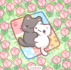 two cats hugging each other on a green background with pink flowers in the foreground