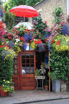 an umbrella is hanging over the entrance to a building with flowers growing on it's sides