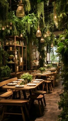 an indoor dining area with wooden tables and plants hanging from the ceiling, surrounded by greenery