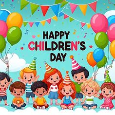 happy children's day card with kids and balloons