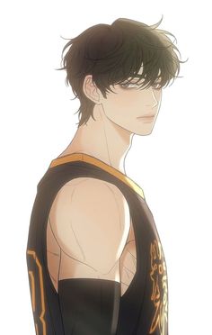 an anime character with black hair and no shirt on, looking to his left side