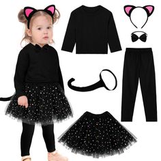 PRICES MAY VARY. Black Cat Cosplay Set: you will receive 1 long-sleeve T-shirt, 1 pair of pants, 1 cute cat ear headband, 1 stylish bow tie, 1 tail with an elastic band, and 1 adorable tutu skirt, for a total of 6 pieces; with all the accessories included, let your child unleash their imagination and transform into a charming black cat! Quality Fabric: the long-sleeve shirt and pants of the Halloween girls' black cat costume set are made from premium polyester and spandex fabric, giving soft tou Diy Cat Costume Kids, Toddler Cat Costume, Cat Costume Kids, Cat Costume Diy, Black Cat Costume, Black Cat Cosplay, Skirt Accessories, Black Cat Costumes, Baby Costumes Girl