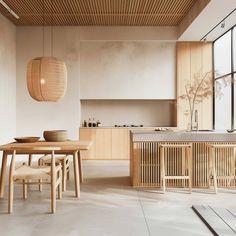 a modern kitchen with wooden furniture and large windows