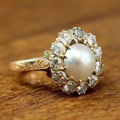 vintage pearl and diamond ring Pearl And Diamond Engagement Ring, Pearl Engagement Ring Vintage, Rings Pearl, Rings Antique