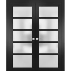 an open black double door with frosted glass panels on the front and side doors