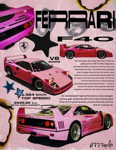 an advertisement for the ferrari f - 40 supercar, featuring two pink sports cars