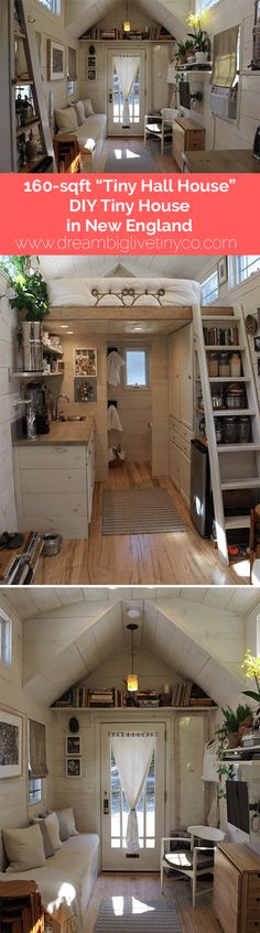 the inside of a tiny house with stairs leading up to it and an open floor plan