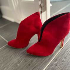 Brand New Only Tried On!!! Size 38 Unable To Return Red High Heel Booties, Red High Heel Booties For Winter, Red High Heel Booties For Fall, Red High Heel Winter Booties, Winter Red Pointed Toe Heels, Red Ankle Booties For Party, Chic Ankle-high Red Heels, Chic Red Ankle-high Heels, Red High Heel Suede Boots