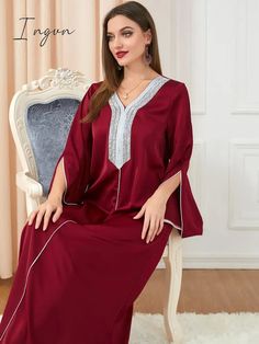 Brand Name: IngvnDecoration: diamondDepartment Name: AdultElasticity: Slight StrechFabric Type: BroadclothStyle: Gorgeous Party StyleMaterial: PolyesterModel Number: MSLcm1155Item Type: DressesFit Type: Regulai Fit V-neck Thobe For Eid Festivities, Elegant Red Long Sleeve Abaya, Elegant Long Sleeve Red Abaya, Elegant Long Sleeve Festive Thobe, Festive Elegant Long Sleeve Thobe, Elegant Red Abaya With Dabka Detailing, Elegant V-neck Kaftan With Dabka, Elegant Red Floor-length Abaya, V-neck Abaya For Evening Eid Festival