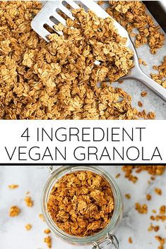 granola in a glass jar with spoons and text overlay that reads 4 ingredient vegan granola