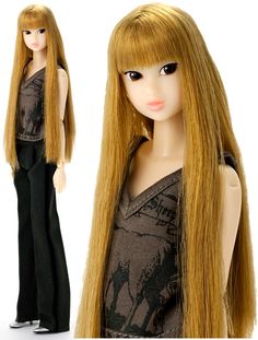 a doll with long blonde hair standing next to it's head and wearing black pants