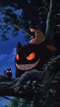 an animated image of a man riding on the back of a black cat with glowing eyes