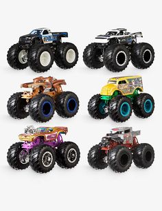 six monster trucks are shown in different colors