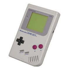 an old fashioned gameboy is shown on a white background with pink and green buttons