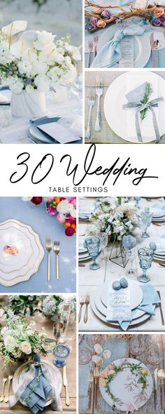 wedding table settings with blue and white flowers on the plates, napkins and place settings