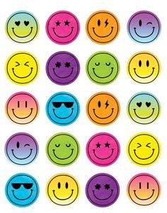 many different colored smiley faces are shown in this set, including one with sunglasses on it