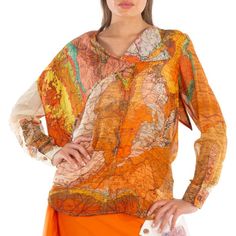 Burberry Ladies Tops. Fashion category: Shirts & Blouses. SKU: 8055470. Color: Bright Orange IP Pat. Burberry Bright Orange Edie Map Print Silk Georgette Blouse. Made from 100% silk, this blouse features long sleeves with button cuffs, curved hem, an elegant scarf detail. Elegant Scarf, Burberry Tops, Elegant Scarves, Georgette Blouse, Ladies Tops, Tops Fashion, Women Tunic Tops, Fall Coat, Loose Tops