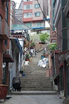 an alleyway with stairs leading up to buildings