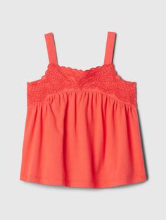 Soft cotton tank top.  Square neck.  Tank straps.  Lace detailing at chest.  Straight, easy fit.  Hits at the hip.  Sizes range from baby to toddler. Preppy Tank Tops, Colorful Summer Outfits, Preppy Tops, Gap Outfits, Outfit Inso, Cute Nike Outfits, Preppy Clothes, Coral Red