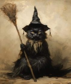 a painting of a black cat wearing a witches hat and holding a broom in its paws