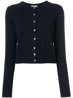 Navy blue cashmere round neck cardigan from N.Peal featuring a ribbed round neck, a front button fastening, long sleeves, ribbed cuffs, a straight hem, a ribbed hem and a cropped length. | N.Peal Cashmere Round Neck Cardigan Girly Fits, Round Neck Cardigan, Navy Blue Cardigan, Navy Cardigan, City Dress, Professional Attire, Blue Cardigan, Knitwear Cardigan, Knitwear Women