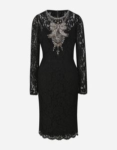 Our black cotton blend Crystal Embellished Lace Dress from Dolce & Gabbana features sheer panels and scalloped details, showcasing their expertise in mixing heritage tulle for a romantic, feminine look. With round neck long sleeves, this mid-length is the perfect addition to any elegant occasion. Short Loungewear, Scalloped Lace, Mid Length Dresses, Feminine Look, Silk Ties, Coat Dress, Sheath Dress, Mid Length, Black Cotton