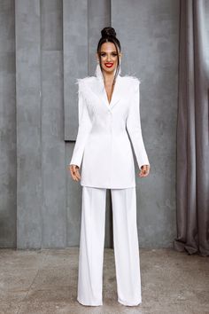 White 2-Piece Formal Pantsuit For Women With Elongated Deep V Jacket, Wide Belt And High Waisted Flared Pants. Bridal, Rehearsal Вinner Suit. White suit. Formal Pantsuit. Women's Pantsuit. Business Pantsuit. Pantsuit. White pantsuit. White set. Wedding suit. Bridal Pantsuit. Wedding Pantsuit Bridal Suit. Flare Pant Suit. Graduation Pantsuit, Wedding Pants Suit, 70s High Fashion, Satin Pantsuit, Pantsuit Wedding, Women's Pantsuit, Boujee Style, Formal Pantsuit, Pantsuit For Women