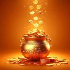 a gold pot with coins coming out of it on an orange and yellow background,