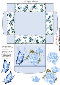 a paper box with blue roses and butterflies on the front, side and back sides