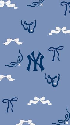 the new york yankees logo is shown on a blue background with white bows and bow ties