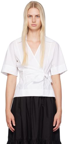 Organic cotton poplin blouse. · Wrap construction · Spread collar at V-neck · Self-tie fastening at front Supplier color: Bright white Ganni Top, White Wrap Blouse, Poplin Blouse, Wrap Shirt, Wrap Blouse, Cotton Poplin, Bright White, Apparel Accessories, Shirts Tops