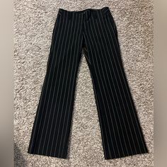 Black Striped Loft Petite Pants, Never Worn! Striped Fitted Pants For Night Out, Striped Wide Leg Pants For Night Out, Fitted Pinstripe Ankle-length Pants, Trendy Fitted Pinstripe Pants, Pinstripe Fitted Ankle-length Bottoms, Fitted Pinstripe Ankle-length Bottoms, Trendy Black Dress Pants For Night Out, Casual Black Dress Pants For Night Out, Black Ankle-length Dress Pants For Night Out