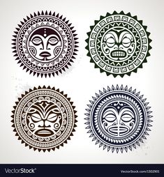 four sun symbols with faces in the middle and one on the side, all made up of