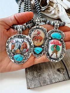 Western Print Pendant Necklace - Navajo Style Pearl Approx: 18” + 3” extender Pendant size: 2" Lobster claw closure Lead & nickle compliant Western Necklaces, Navajo Style, Lobster Claws, God Bless, Lobster Claw, Size 2, Necklaces, Pendant Necklace, Pendant