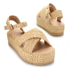 Braided raffia and and adjustable buckle make these platform sandals stand tall in your wardrobe. When you're packing for your next glamorous vacation, don't forget to slip these Sunshine sandals in your bag. They're also quite lightweight making them an easy choice Trendy Buckle Closure Wedge Sandals For Vacation, Summer Vacation Platform Footbed Sandals, Platform Sandals For Beach Season Vacation, Summer Wedge Sandals With Adjustable Buckle, Adjustable Buckle Closure Summer Wedge Sandals, Beige Footbed Sandals With Adjustable Strap For Summer, Summer Vacation Wedge Sandals With Adjustable Strap, Chic Vacation Footbed Sandals With Adjustable Strap, Beige Adjustable Strap Footbed Sandals For Summer