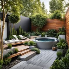 an outdoor hot tub surrounded by plants and wooden steps in the middle of a garden