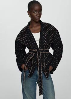 Quilted jacket with embroidered details - Women | Mango USA Black Quilted Jacket, Mango Outlet, Knitting Women Cardigan, Swimwear Dress, Embroidered Details, Black Quilt, Black Wrap Dress, Light Jacket, Quilted Jacket