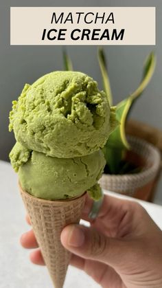 a hand holding an ice cream cone with green toppings and text overlay that reads matcha ice cream