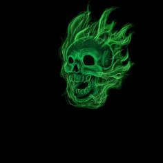 a green skull with flames on it's face