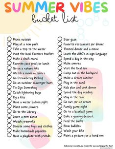 the summer vibes bucket list is shown in black and white, with colorful text