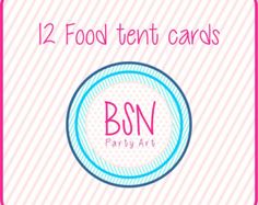 the 12 food tent cards are in pink and blue