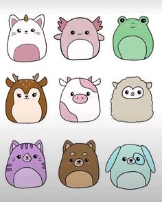 six different colored animals with faces drawn in the style of an animal's head