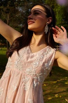 Pink flared tunic embellished with sequin, moti, mirror and cutdana work. Paired with palazzo. - Aza Fashions Cutdana Work, V Neck Tunic, Women Kurta, Palazzo Set, Tunic Styles, Set For Women, Aza Fashion, Fashion Set, Sequin